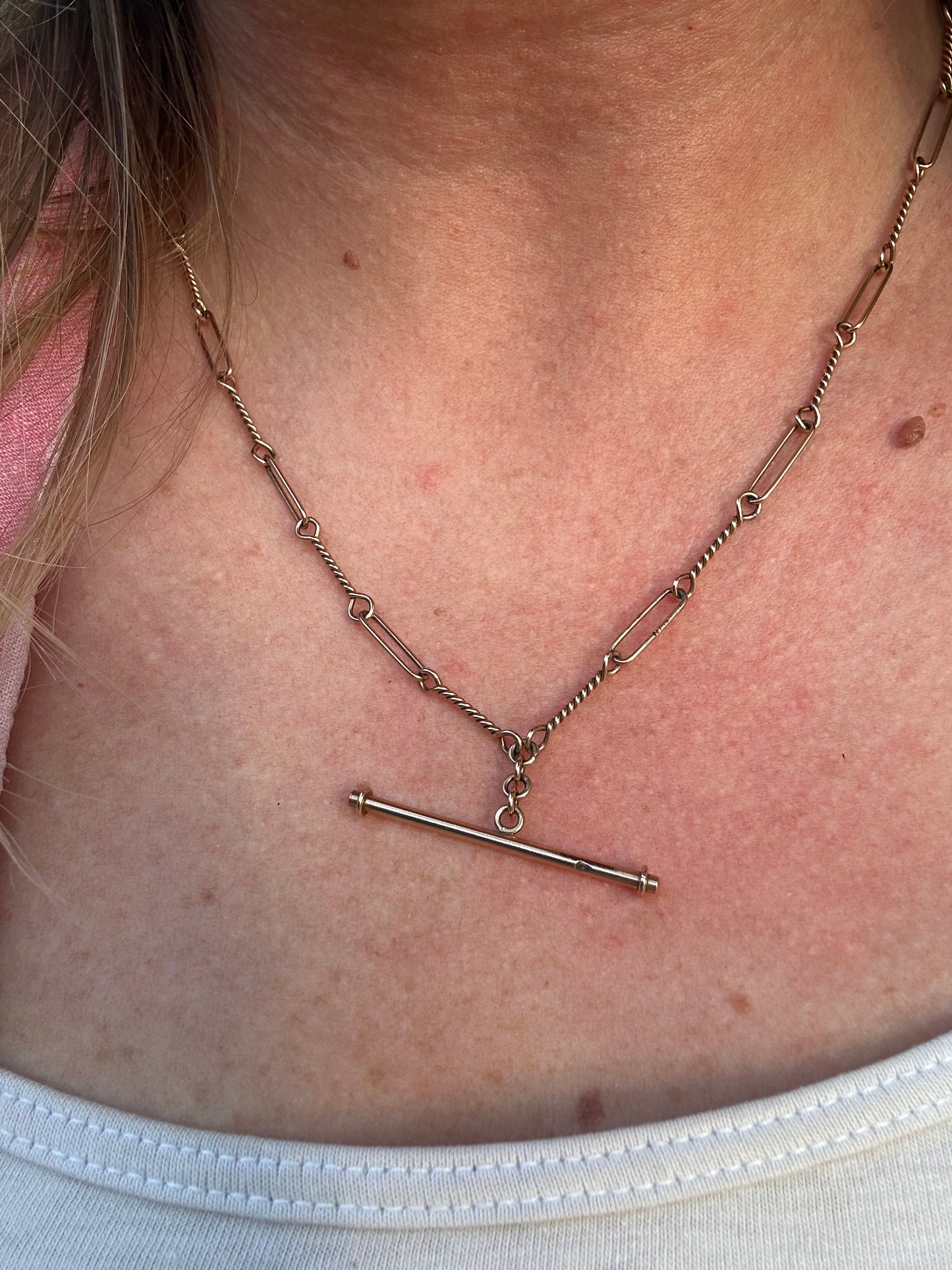 Antique 9ct Rose Gold Trombone and twist Albert chain with bolt clasp and T-bar