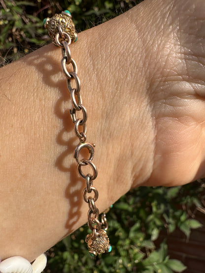 Antique 9ct Rose Gold Turquoise Orb and cable link bracelet with bolt clasp