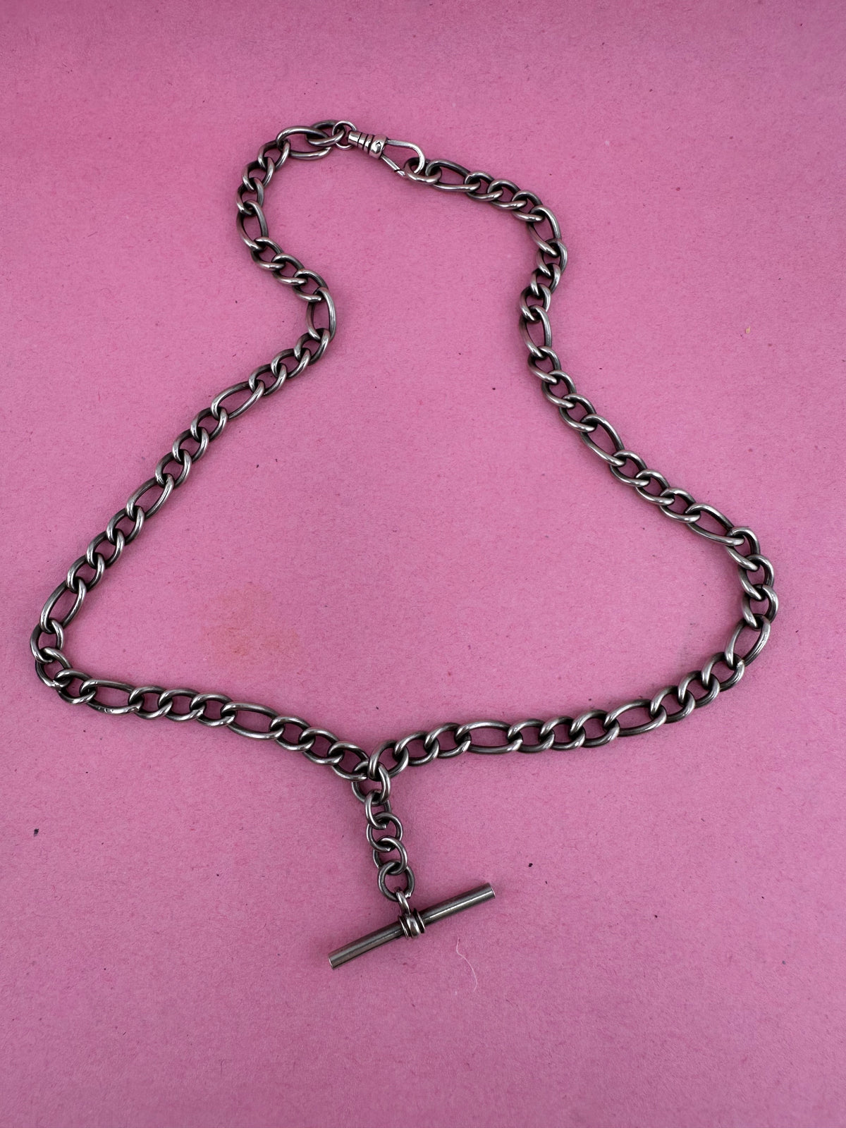 Vintage Sterling Silver Long & Short Curb Albert chain with T-bar & swivel dog clip.