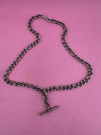 Vintage Sterling Silver Long & Short Curb Albert chain with T-bar & swivel dog clip.
