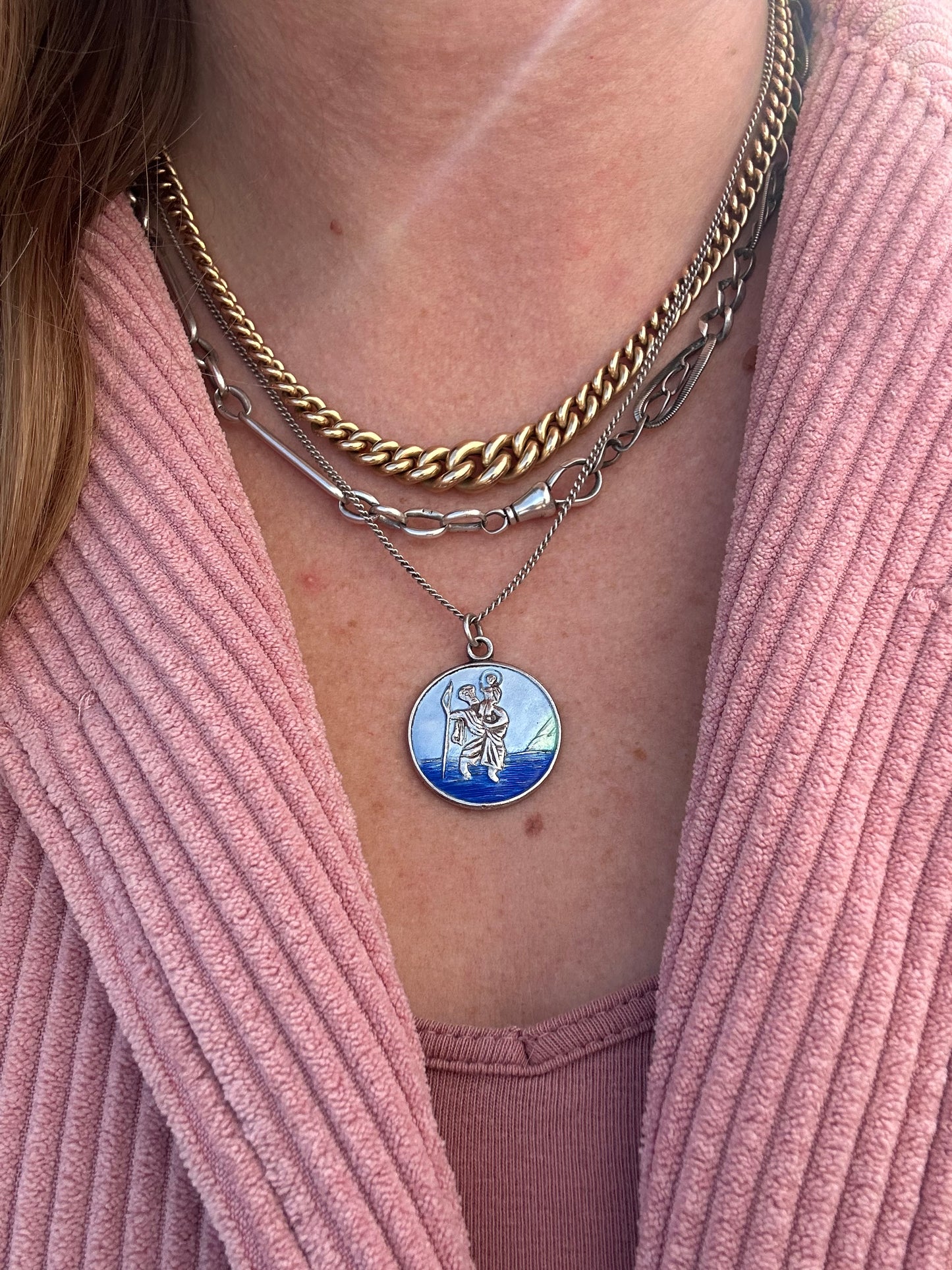 Sterling Silver Enamel St Christopher on a curb chain