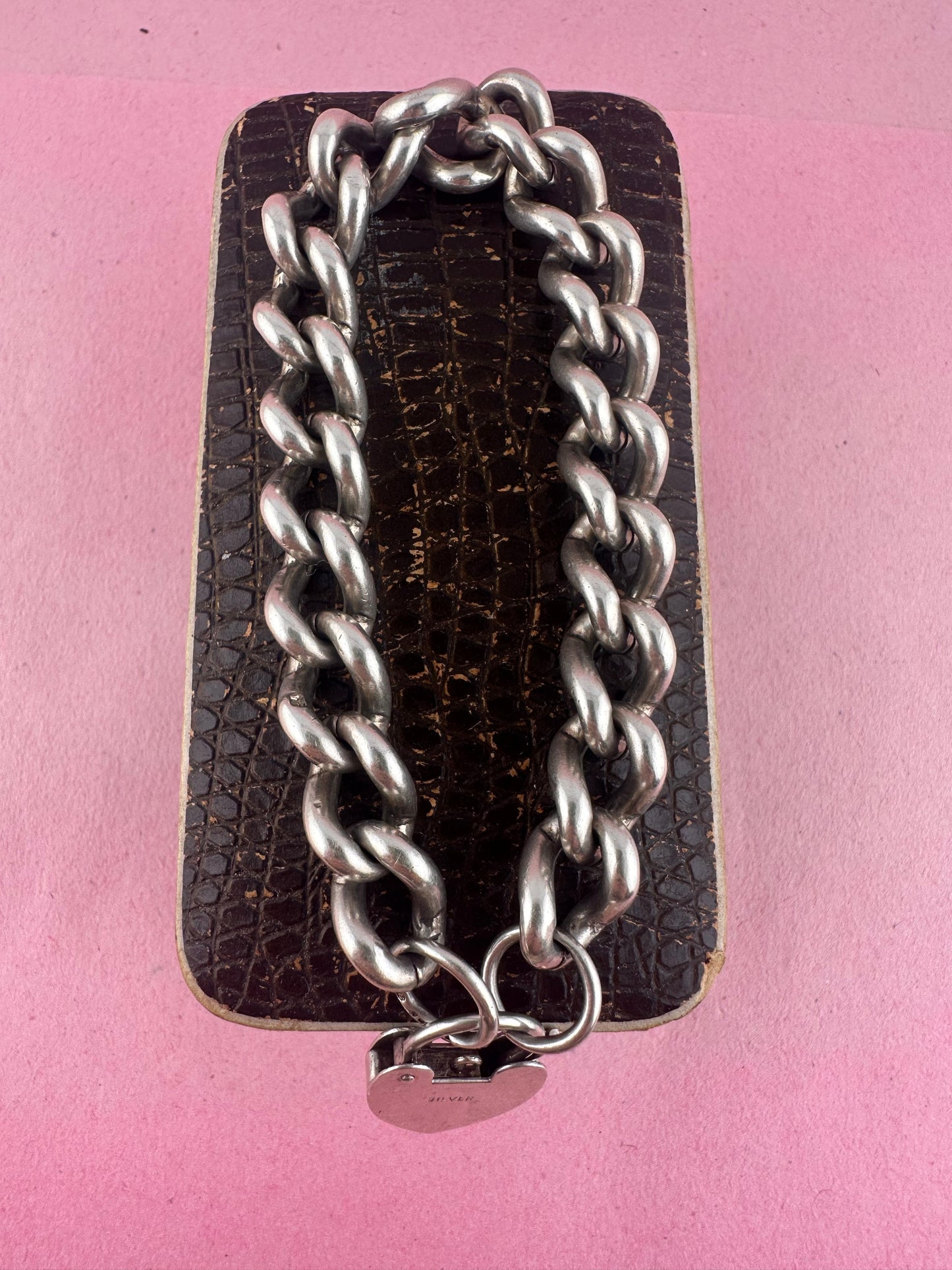 Sterling Silver Chunky curb bracelet with XL engraved heart padlock
