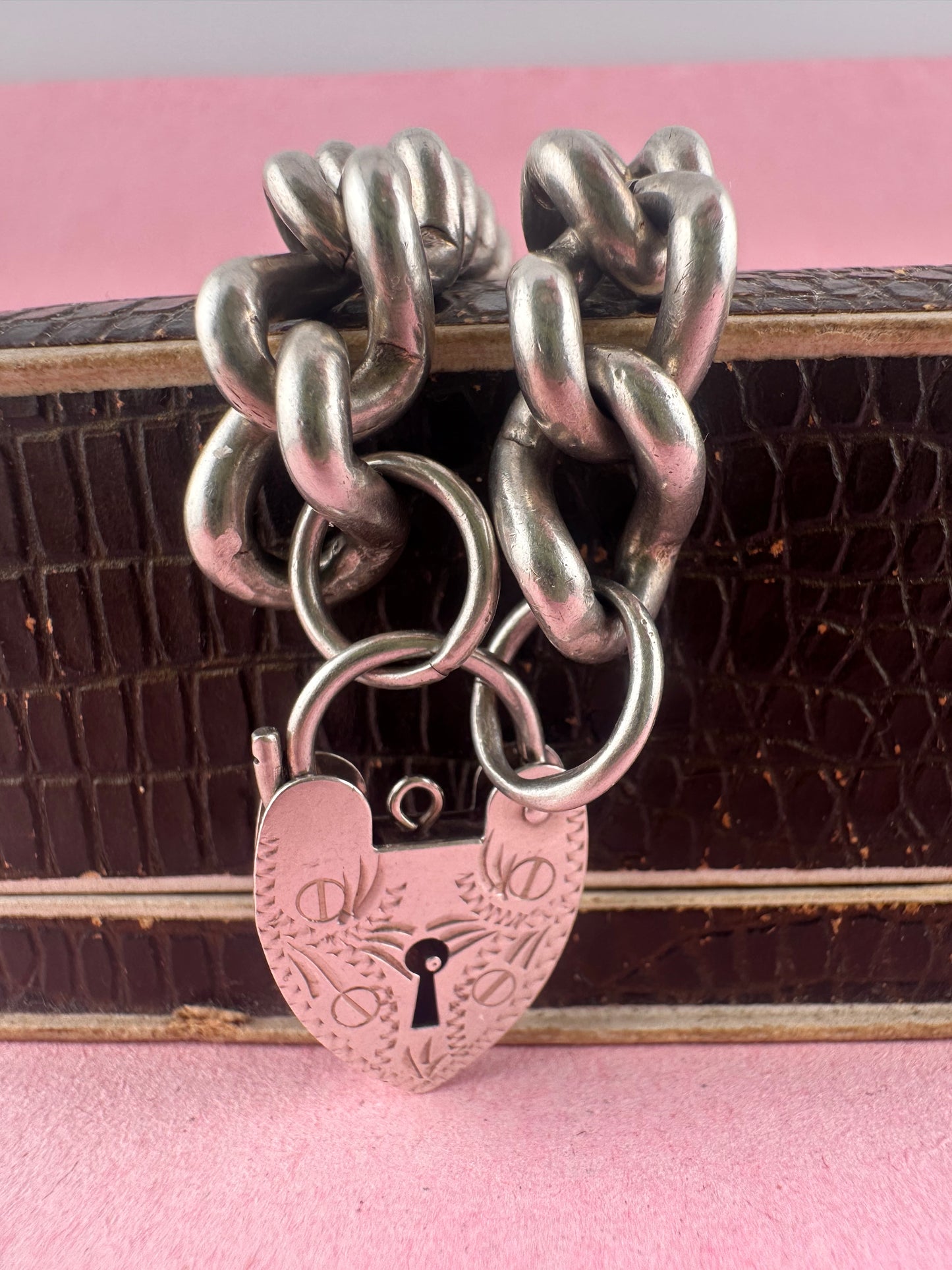 Sterling Silver Chunky curb bracelet with XL engraved heart padlock