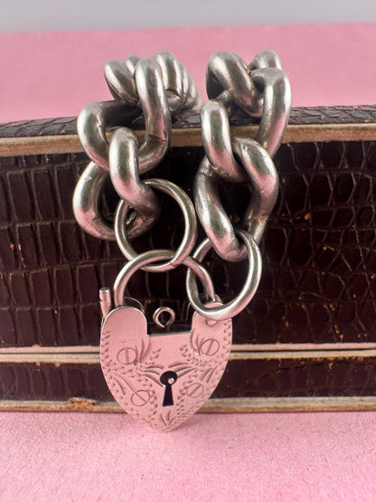 Sterling Silver Chunky curb bracelet with XL engraved heart padlock