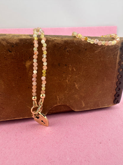 Sunstone and Yellow Opal Mini beads with Vintage Heart Padlock