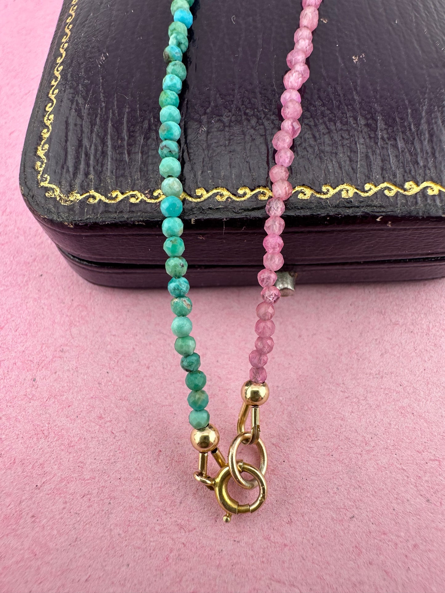 Blush & Tide- Pink Tourmaline and turquoise mini beaded necklace with 9ct gold antique bolt clasp