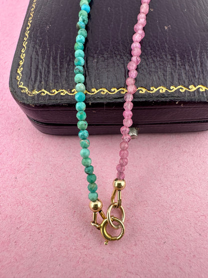 Blush & Tide- Pink Tourmaline and turquoise mini beaded necklace with 9ct gold antique bolt clasp