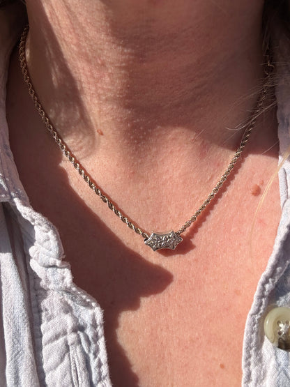 Vintage 9ct Gold Rope chain with Antique silver floral slider
