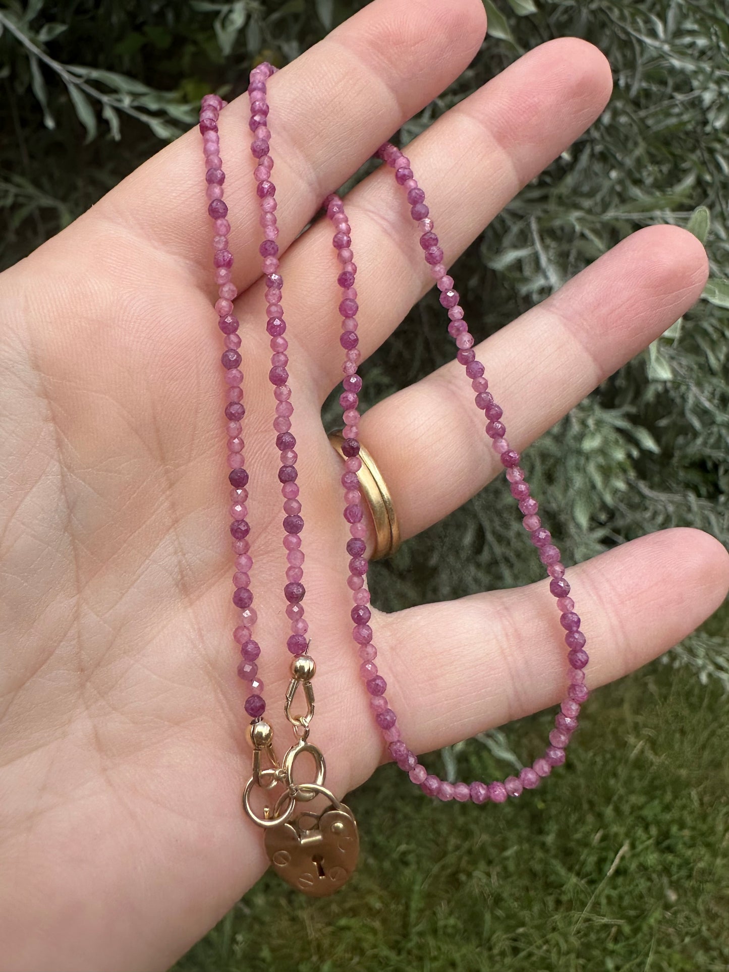 Ruby & Pink Tourmaline mix Mini beads with vintage 9ct Gold heart padlock