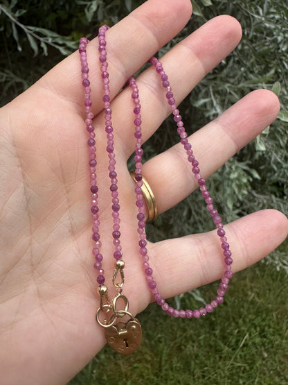 Ruby & Pink Tourmaline mix Mini beads with vintage 9ct Gold heart padlock