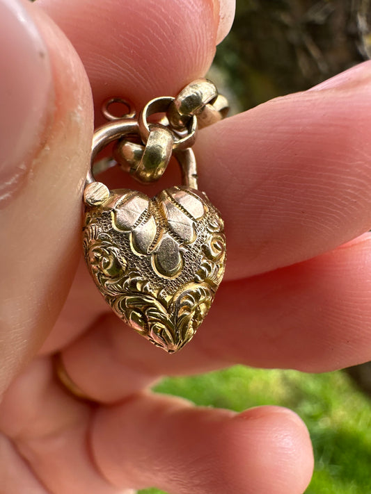 Antique 9ct Gold Puffy Etched Heart padlock