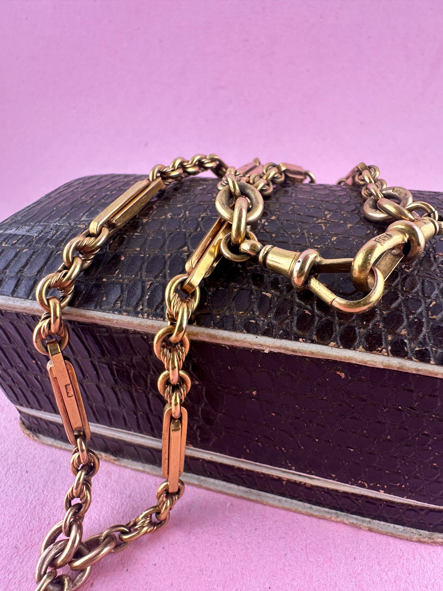 Antique 9ct Yellow Gold Trombone & Lovers Knot Albert chain with double dog clips