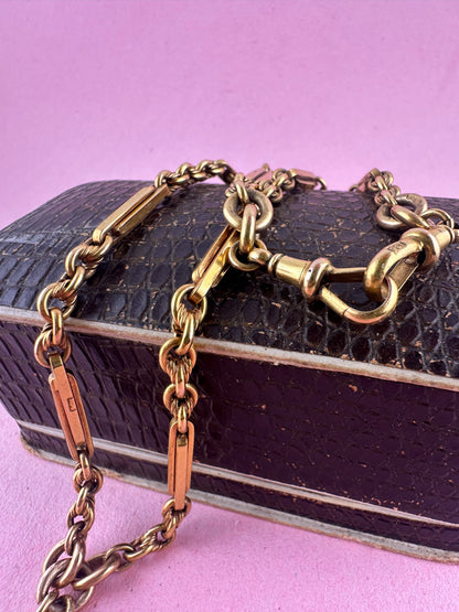 Antique 9ct Yellow Gold Trombone & Lovers Knot Albert chain with double dog clips