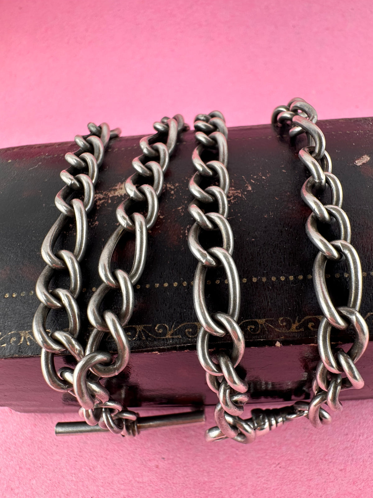 Vintage Sterling Silver Long & Short Curb Albert chain with T-bar & swivel dog clip.