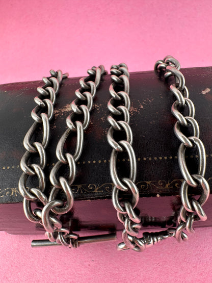 Vintage Sterling Silver Long & Short Curb Albert chain with T-bar & swivel dog clip.