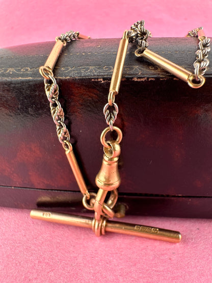 Antique 18ct Bi-Colour Bar & Lovers Knot Albert chain with 18ct dog clip & 9ct T-Bar.