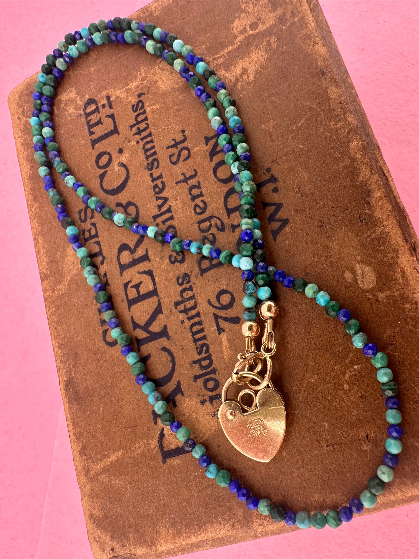 Turquoise, Malachite & Lapis Lazuli Mini beads with vintage 9ct Gold Heart padlock