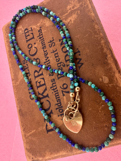 Turquoise, Malachite & Lapis Lazuli Mini beads with vintage 9ct Gold Heart padlock