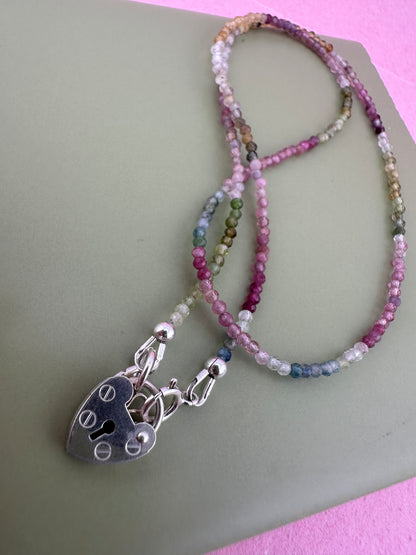 Ombré Tourmaline Mini Beaded necklace with Vintage Sterling Silver Heart Padlock