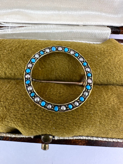 Antique 15ct Gold Turquoise and Pearl circle brooch