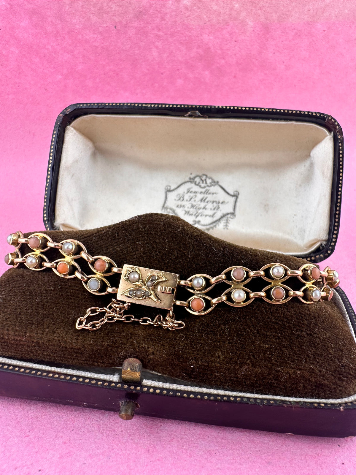 Antique 15ct Gold Coral and Pearl bracelet with stunning barrel clasp