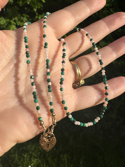 Peony- Pink Opal and Malachite mini bead necklace with vintage heart padlock