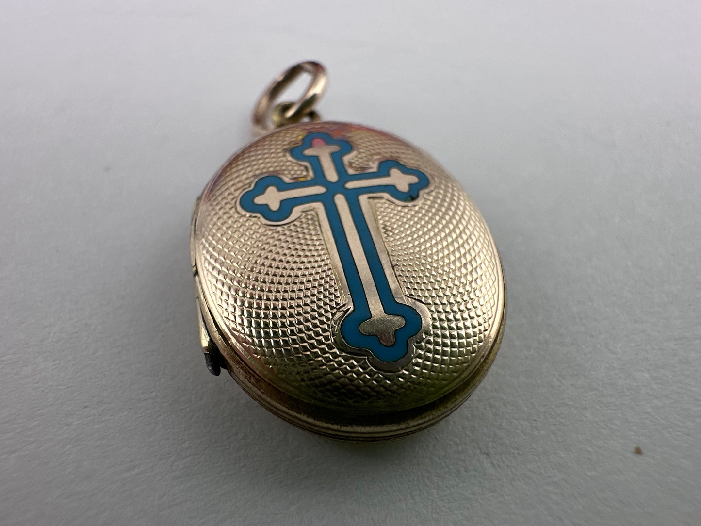 Antique 9ct Gold front and back Blue Enamel cross locket.