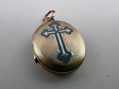Antique 9ct Gold front and back Blue Enamel cross locket.