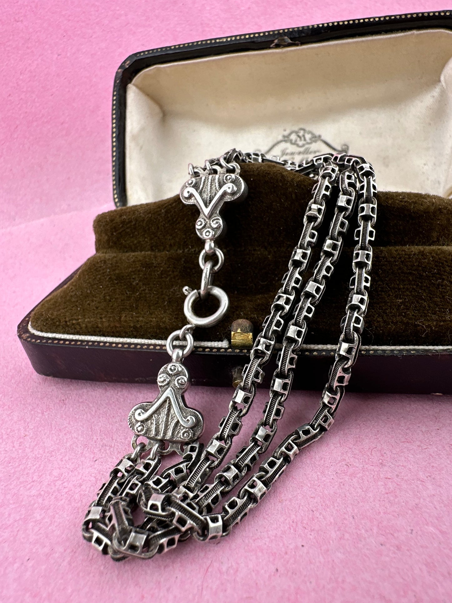 Antique Sterling Silver triple stranded fancy mariner with ornate finials bracelet.