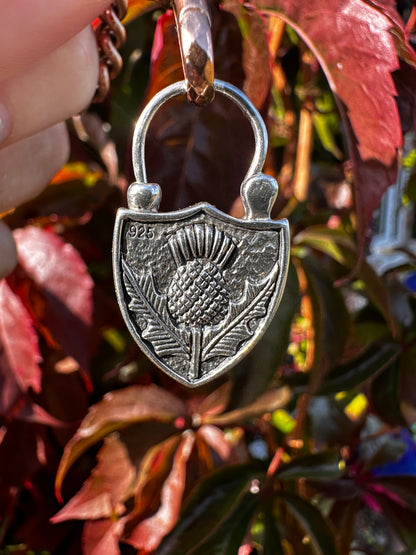 Sterling silver Banded Agate & Thistle shield padlock.