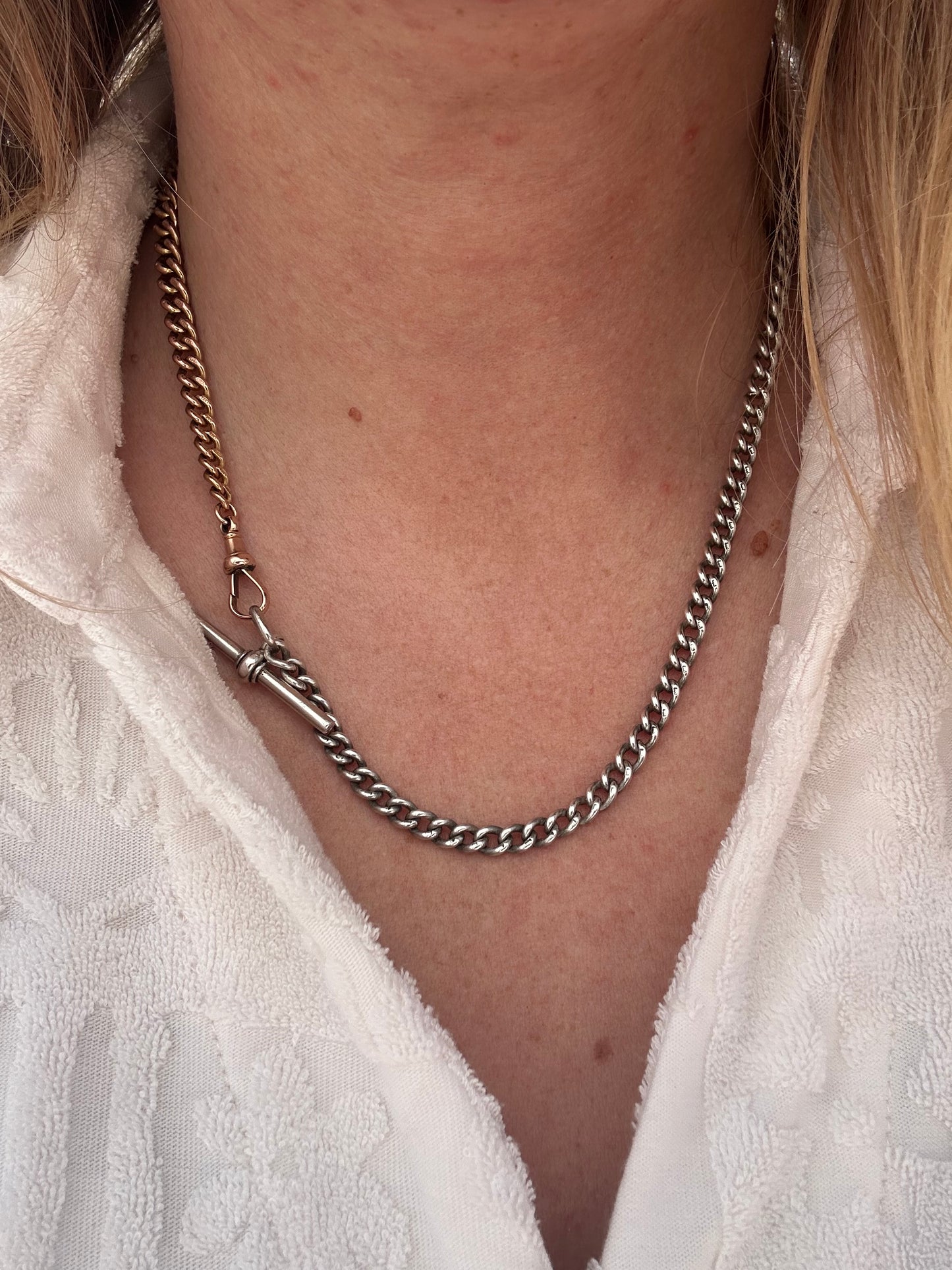 Antique Sterling Silver Ungraduated Curb Albert with dogclip and t-bar