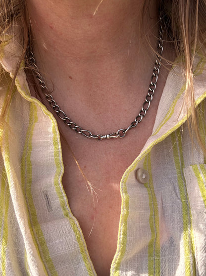 Vintage Sterling Silver Long & Short Curb Albert chain with T-bar & swivel dog clip.