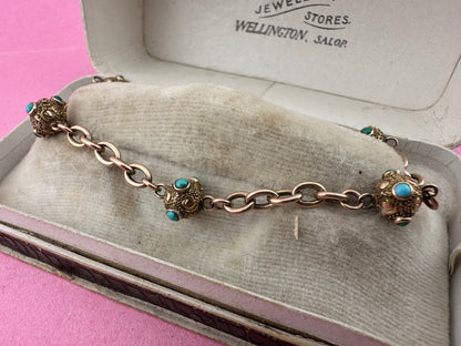 Antique 9ct Rose Gold Turquoise Orb and cable link bracelet with bolt clasp