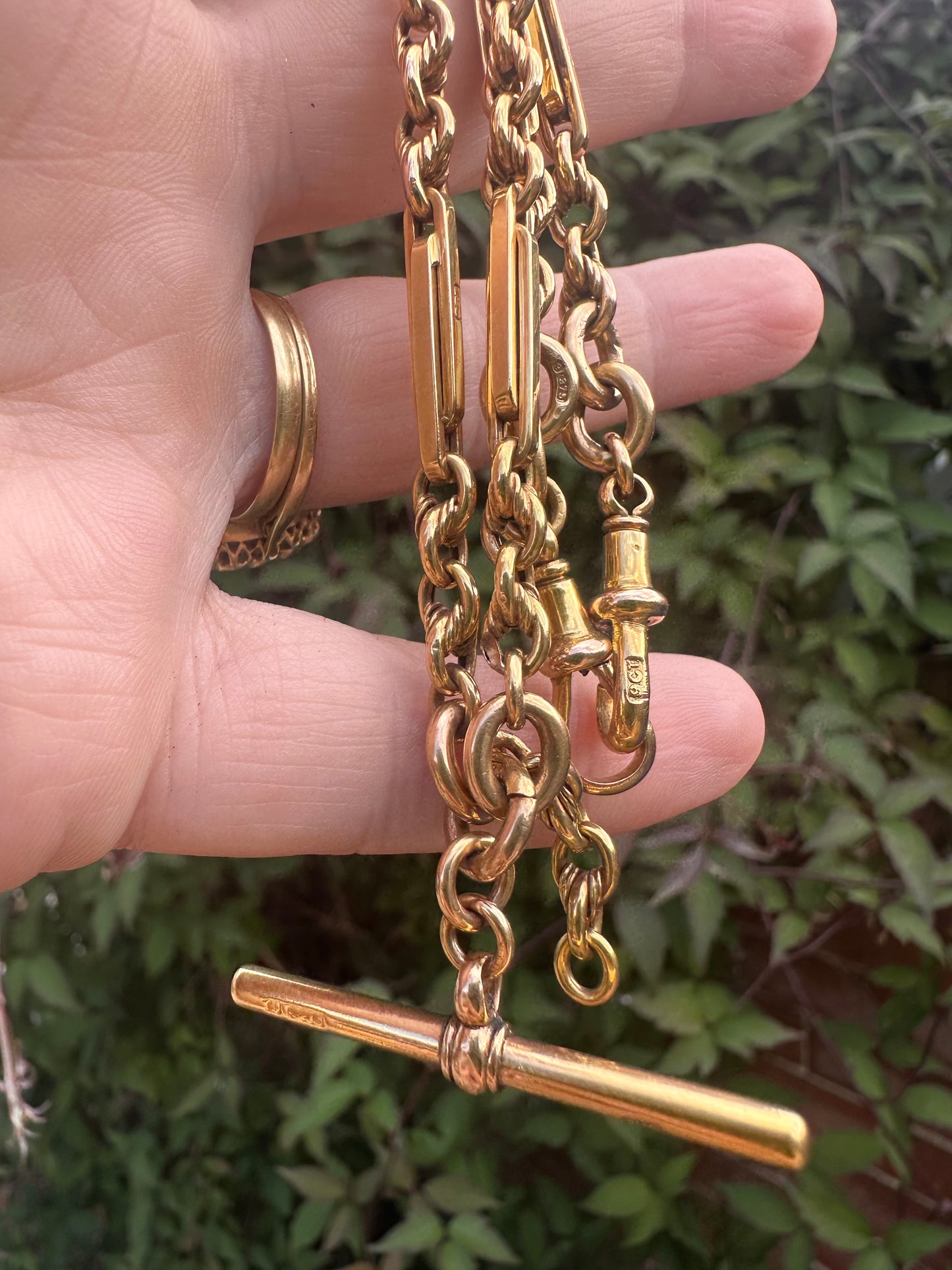 Antique 9ct Yellow Gold Trombone & Lovers Knot Albert chain with double dog clips