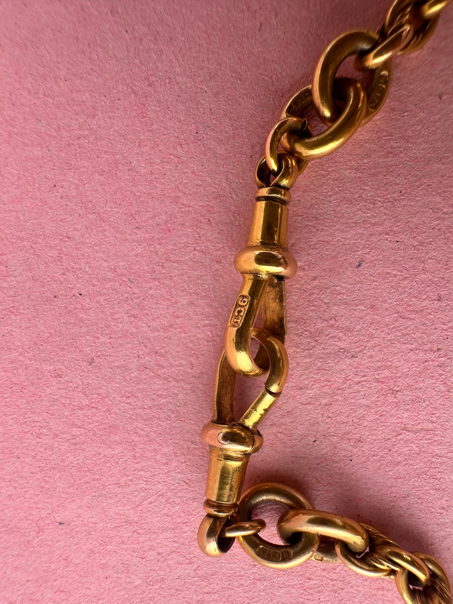 Antique 9ct Yellow Gold Trombone & Lovers Knot Albert chain with double dog clips
