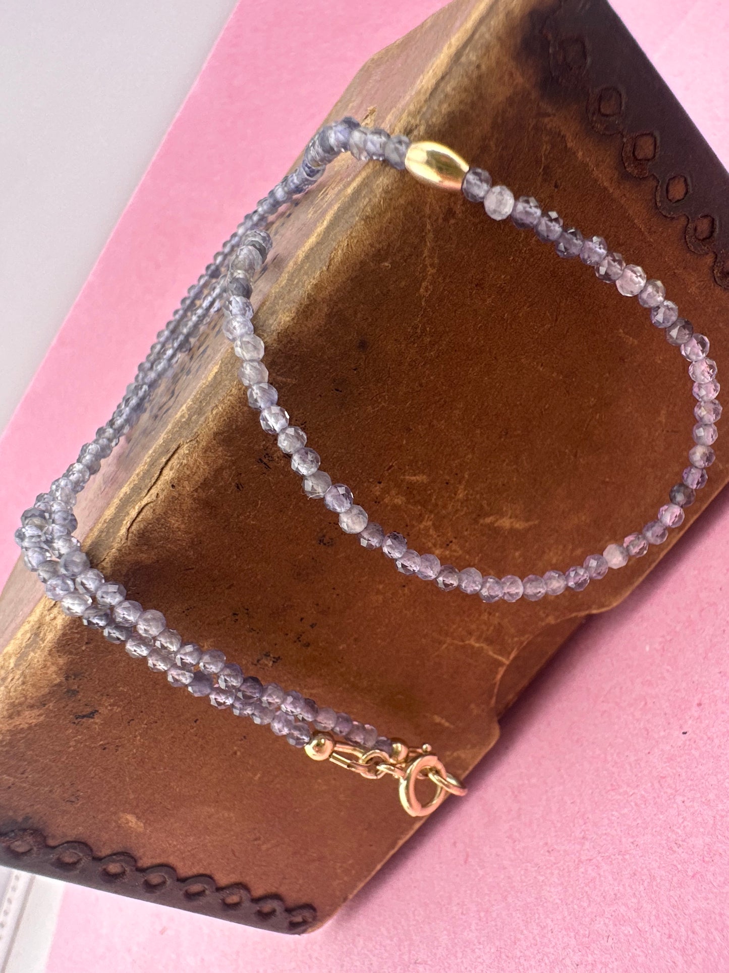 Iolite mini beaded necklace with 9ct Gold Antique Bolt clasp