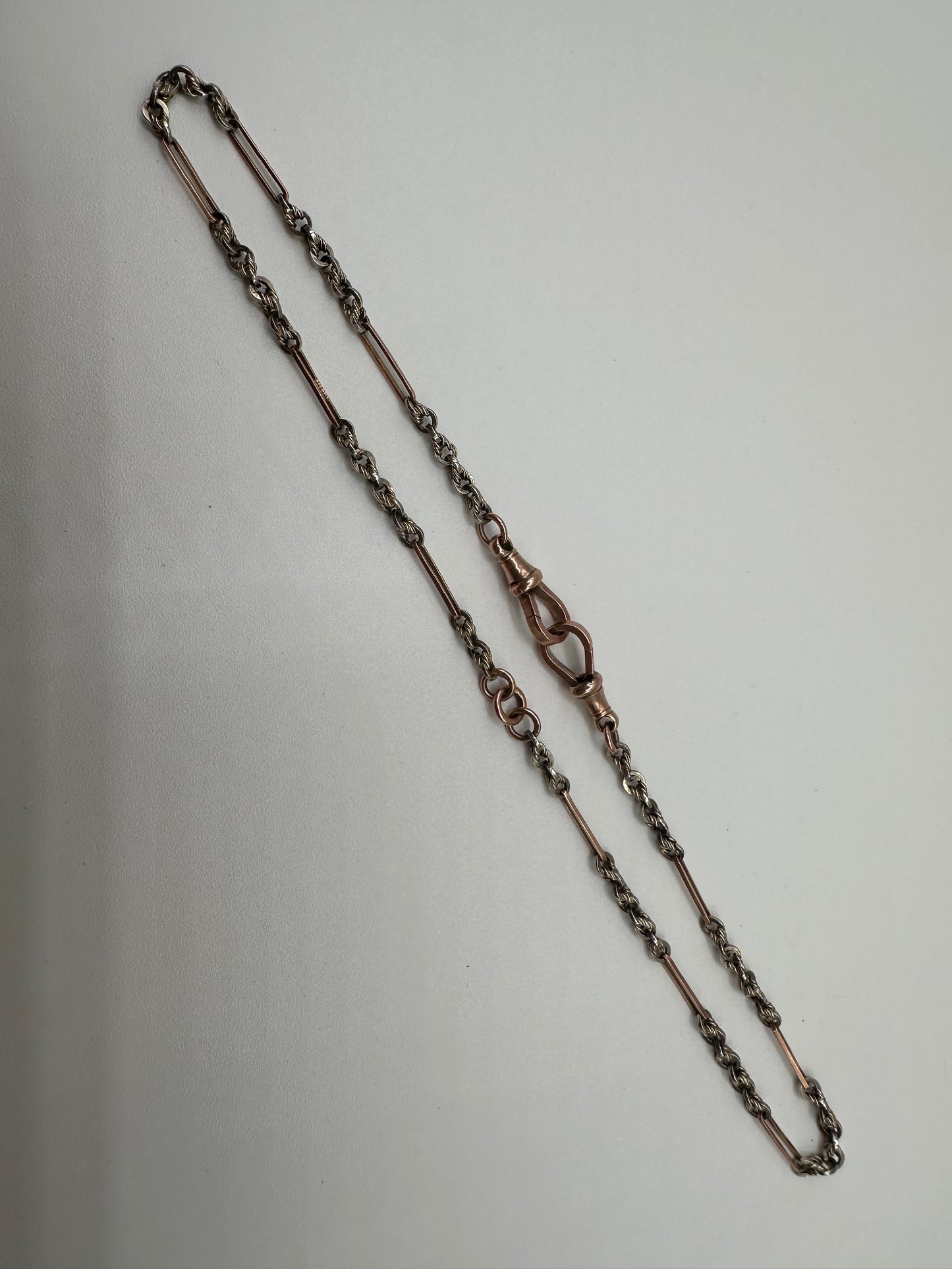 Antique 9ct Rose and White Gold Trombone and Lovers Knot chain