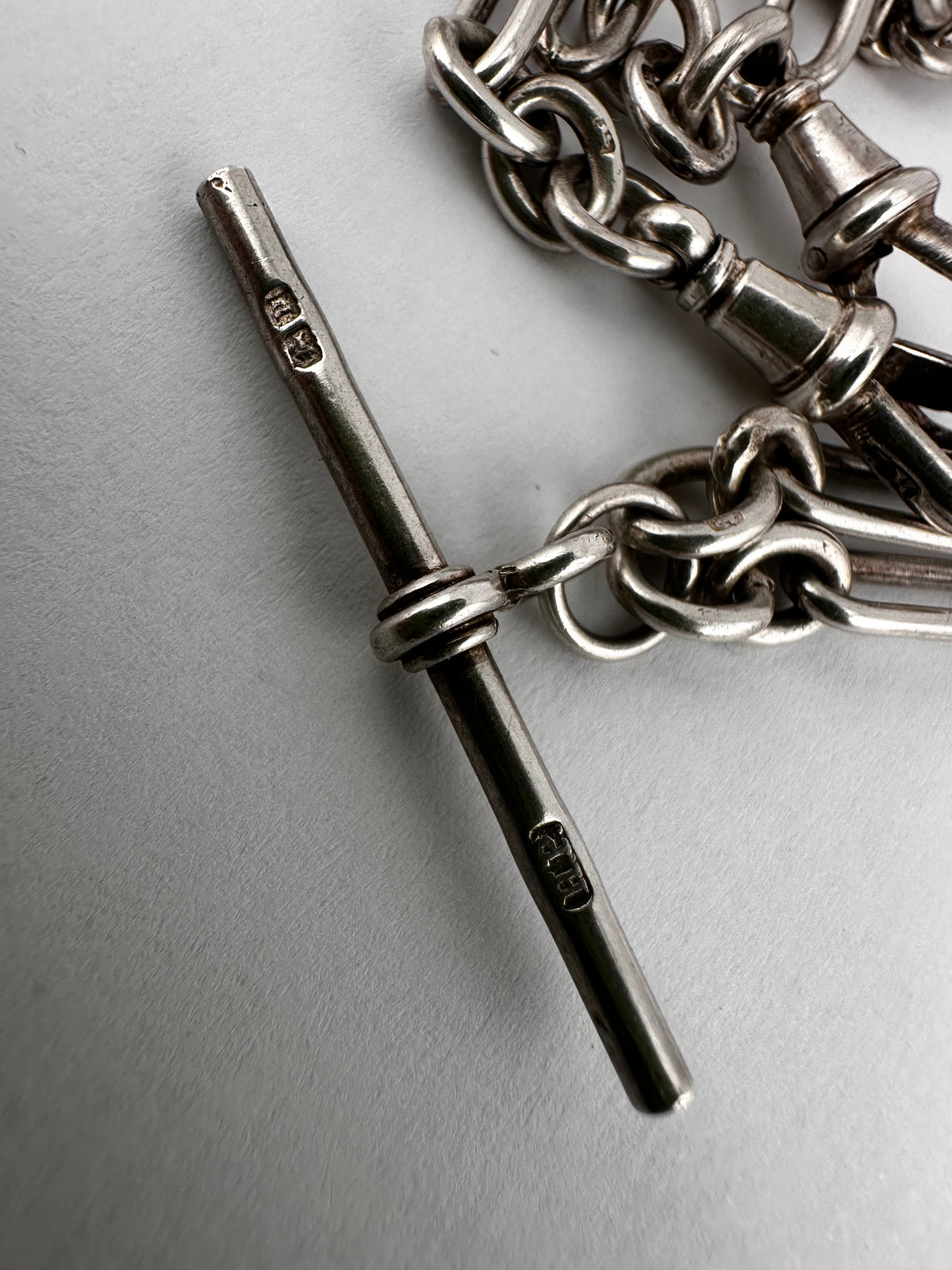 Antique Sterling Silver Trombone Albert chain with double dog clips and fixed T-bar