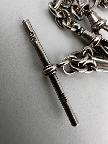 Antique Sterling Silver Trombone Albert chain with double dog clips and fixed T-bar