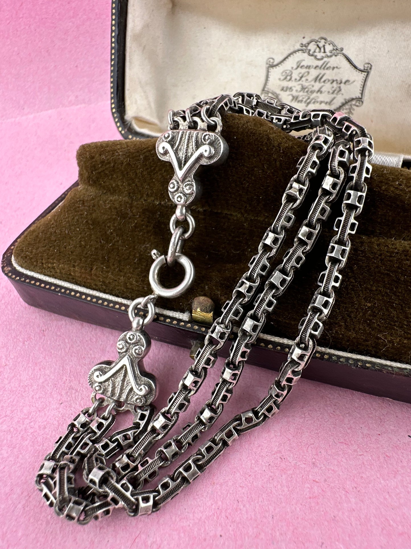 Antique Sterling Silver triple stranded fancy mariner with ornate finials bracelet.