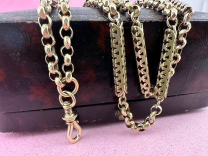 Antique 9ct Gold Fancy Bar and faceted Belcher chain with screw top dogclip