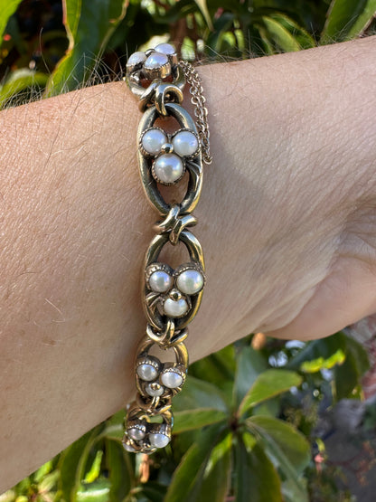 Antique 9ct Gold Pearl Trefoil bracelet with concealed clasp