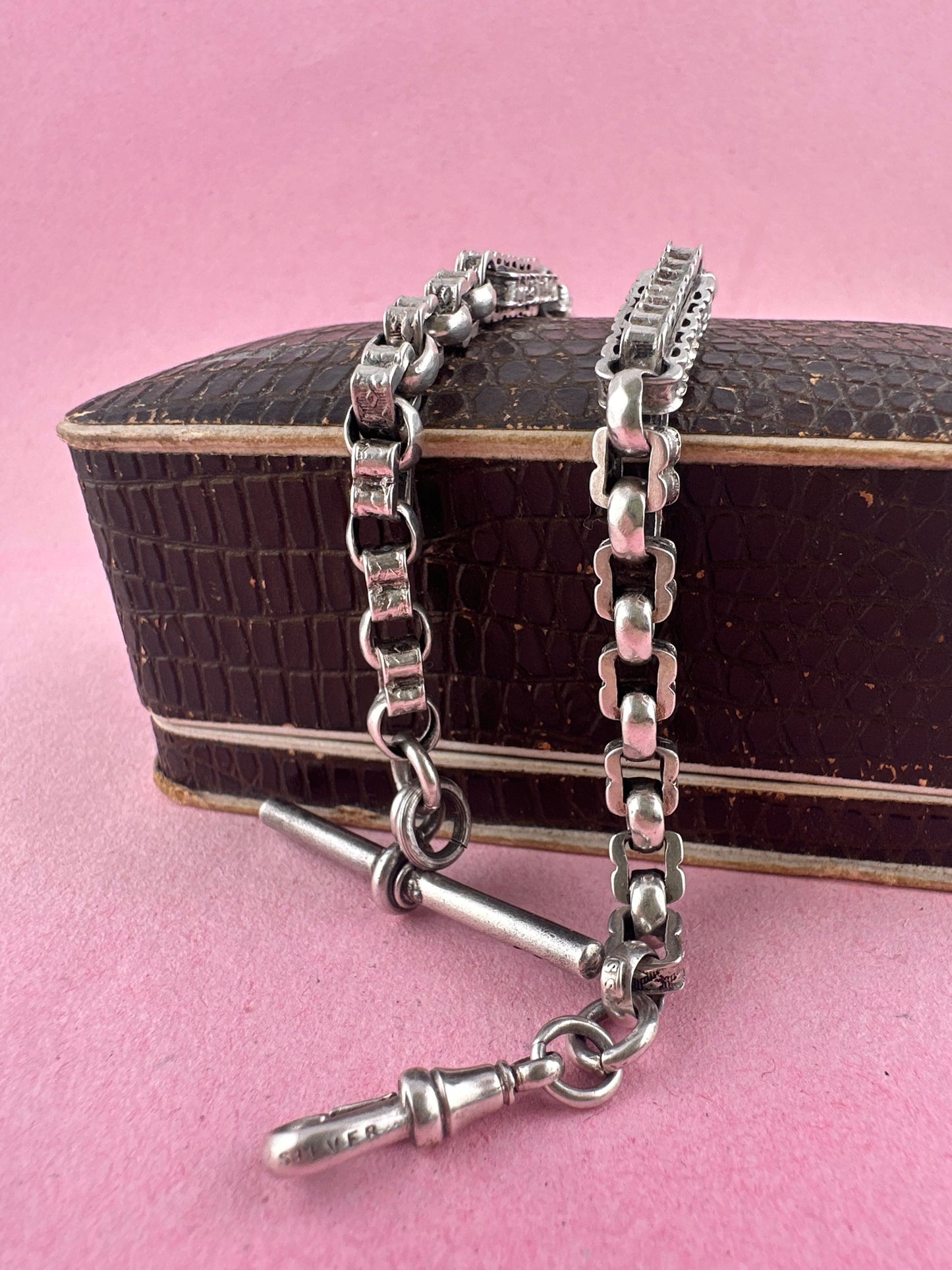 Sterling Silver bars & fancy link Albert chain wi the T-bar and dogclip