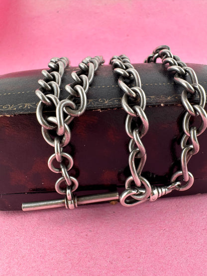 Vintage Sterling Silver Long & Short Curb Albert chain with T-bar & swivel dog clip.