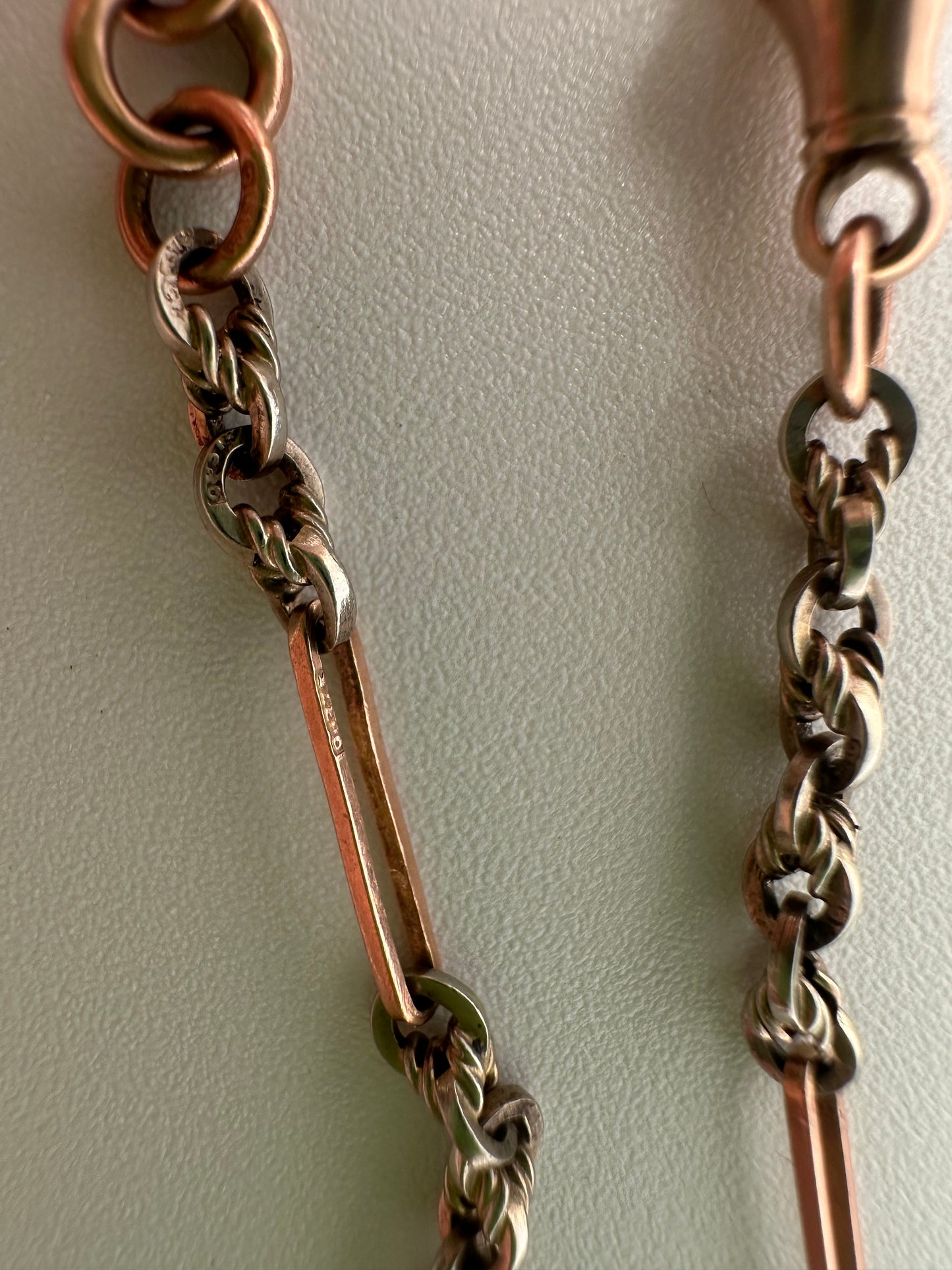 Antique 9ct Rose and White Gold Trombone and Lovers Knot chain
