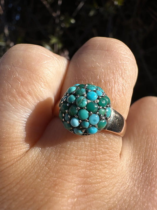 Antique 9ct Gold with silver setting Turquoise Bombe ring