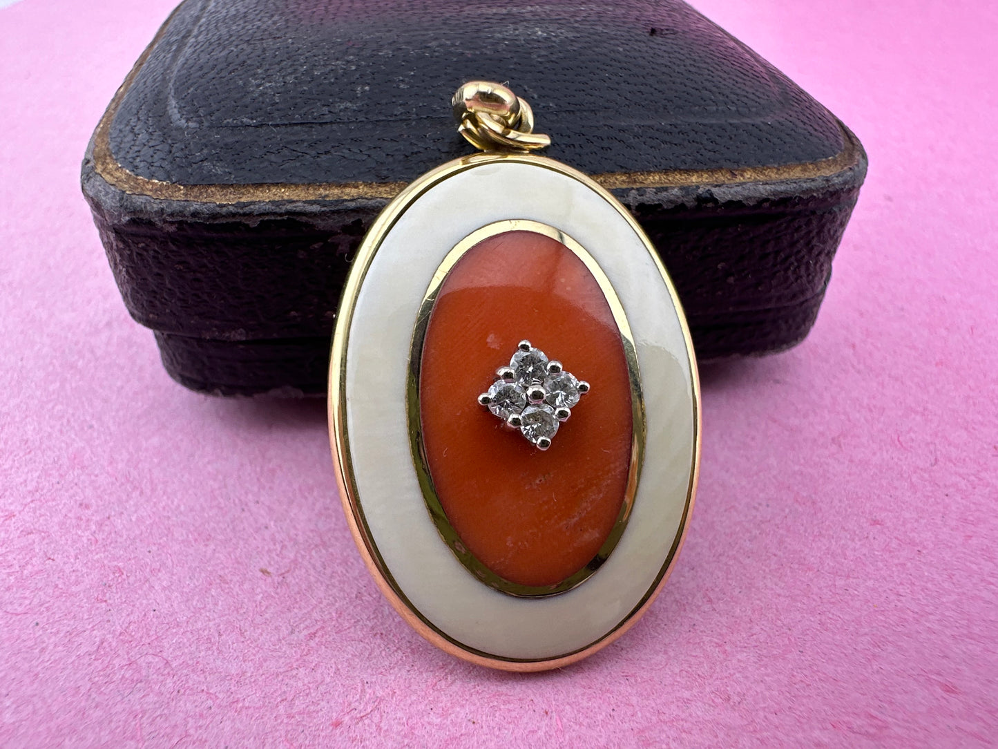 14ct Gold Coral and Diamond Pendant