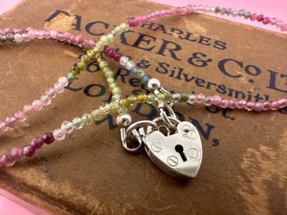 Ombré Tourmaline Mini Beaded necklace with Vintage Sterling Silver Heart Padlock