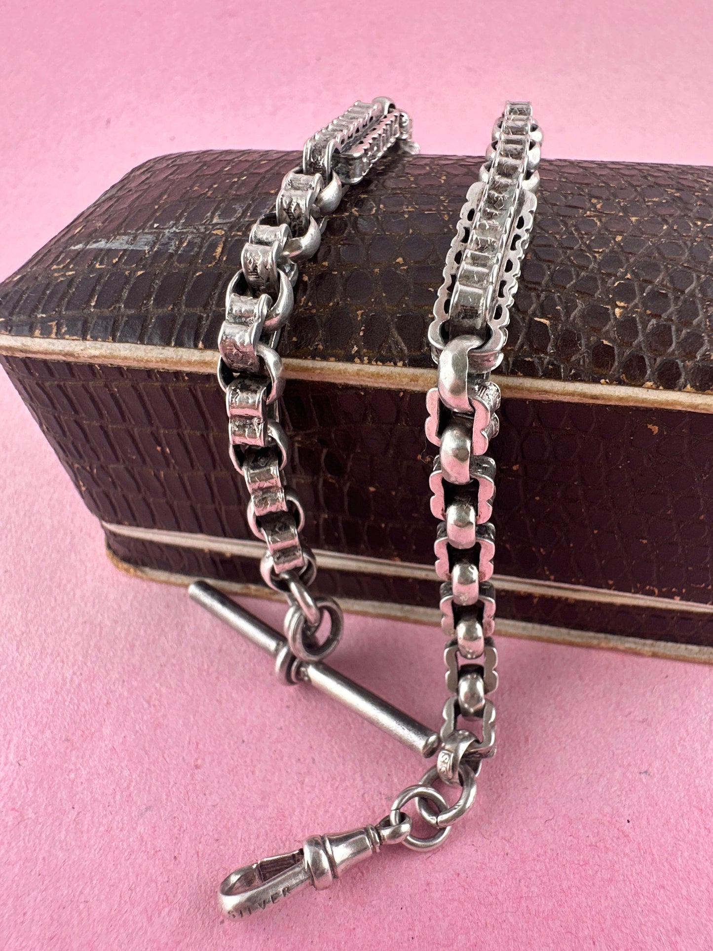 Sterling Silver bars & fancy link Albert chain wi the T-bar and dogclip