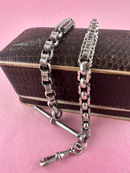 Sterling Silver bars & fancy link Albert chain wi the T-bar and dogclip